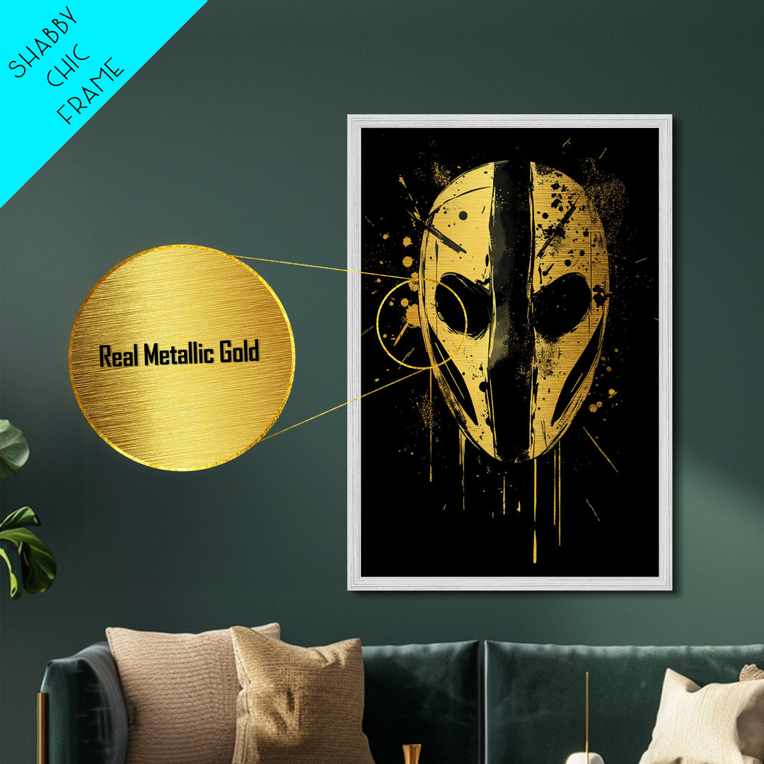 Abstract Mask Metallic Gold Metal Print, Tribal Wall Art, Mysterious Face Artwork, Real Wood Frame, Bold Splatter Paint Effect Decor