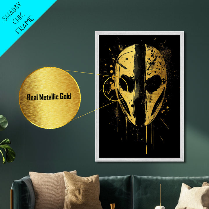 Abstract Mask Metallic Gold Metal Print, Tribal Wall Art, Mysterious Face Artwork, Real Wood Frame, Bold Splatter Paint Effect Decor