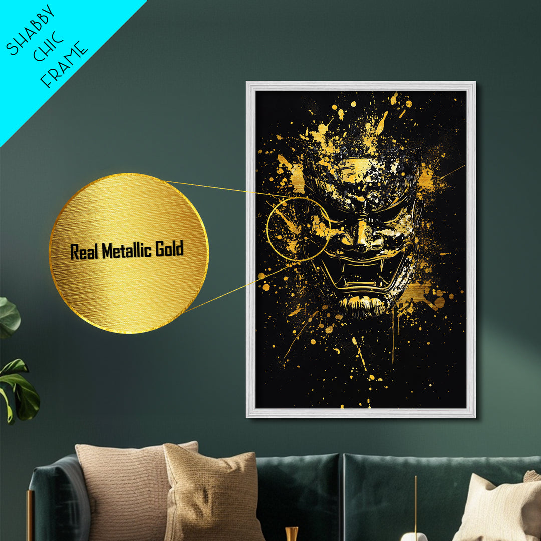Samurai Mask Metallic Gold Metal Print, Japanese Warrior Art, Splatter Style Wall Decor, Fierce Samurai Artwork, Real Wood Framed