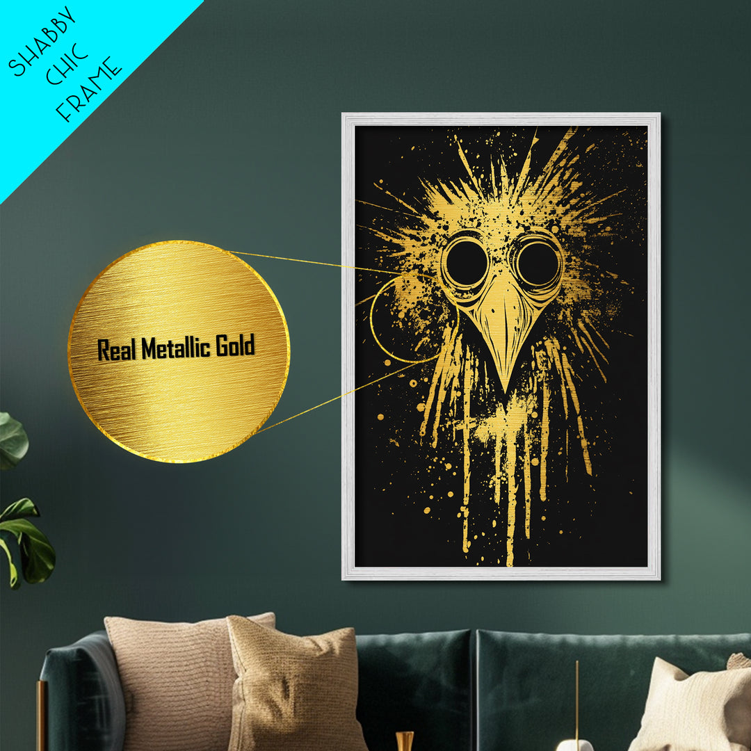 Plague Doctor Mask Metallic Gold Metal Print, Gothic Splatter Art, Dark Fantasy Wall Decor, Unique Gothic Artwork, Real Wood Framed