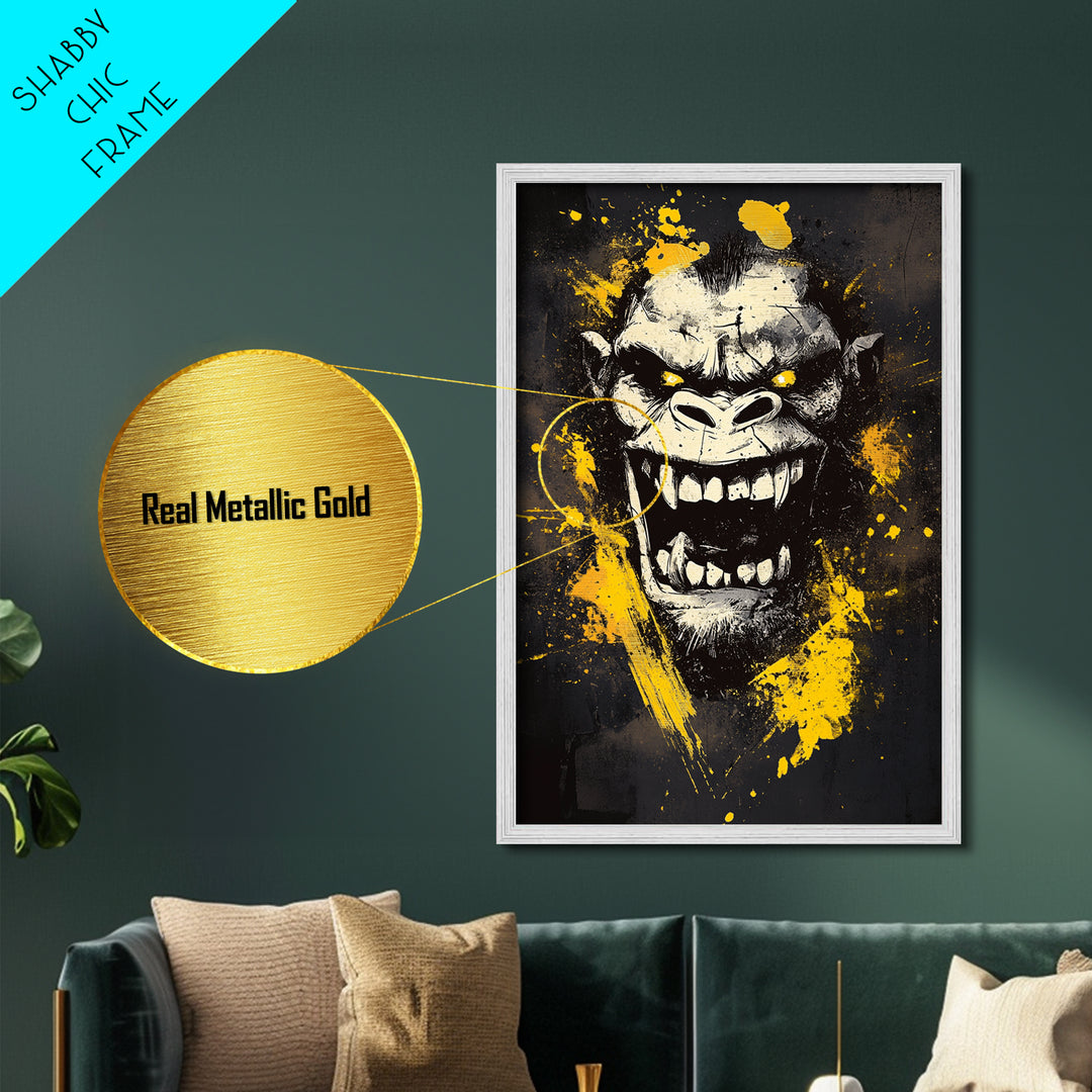 Gorilla Face Metallic Gold Metal Print, Wild Splatter Art, Bold Jungle Wall Decor, Fierce Animal Artwork, Real Wood Framed