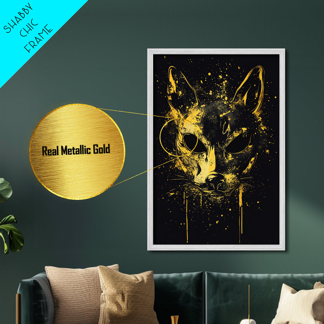 Cat Mask Metallic Gold Metal Print, Mystical Splatter Art, Animal Spirit Wall Decor, Unique Feline Artwork, Real Wood Framed
