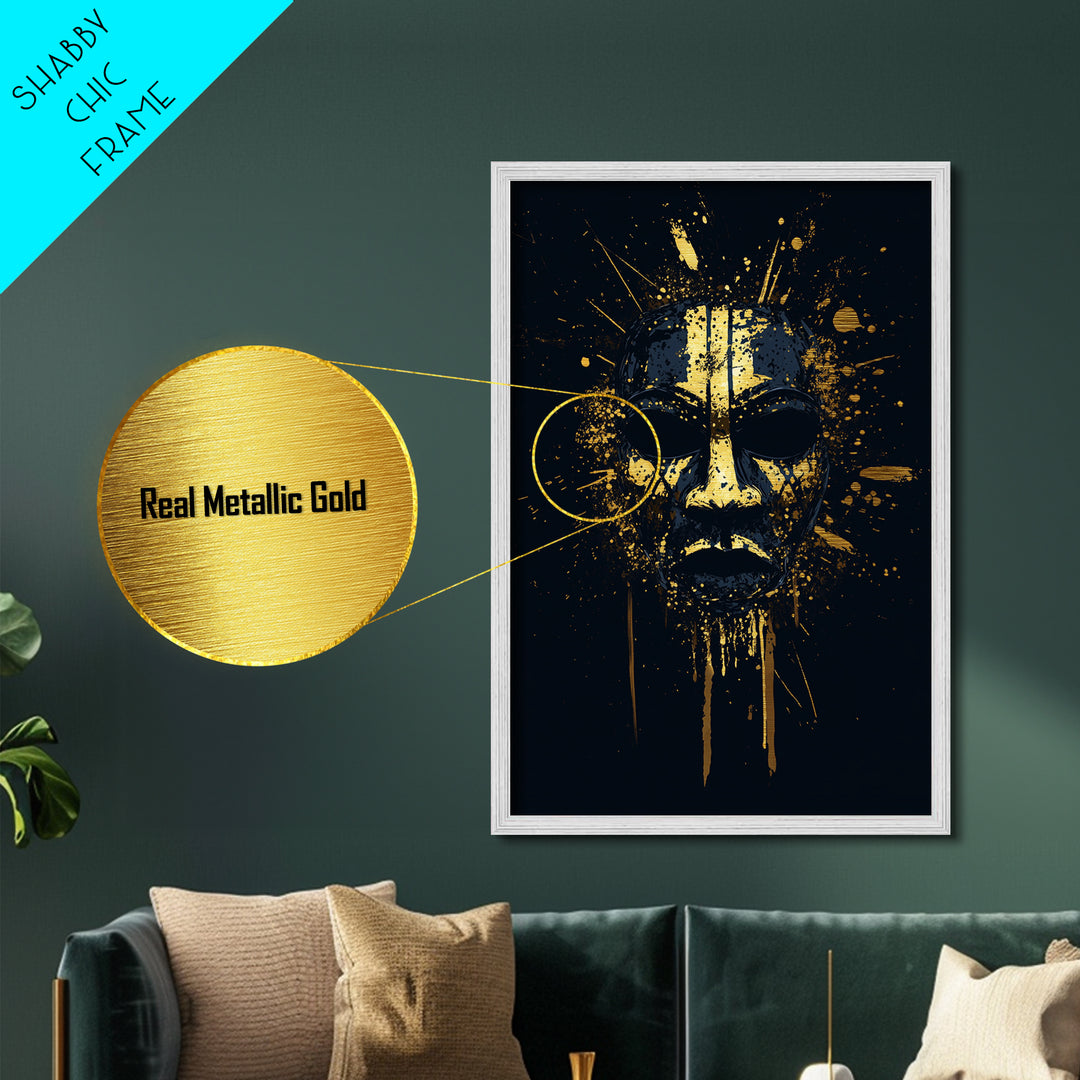 Tribal Splatter Mask Metallic Gold Metal Print, Bold Cultural Art, Unique Splatter Wall Decor, Ethnic Mask Artwork, Real Wood Framed