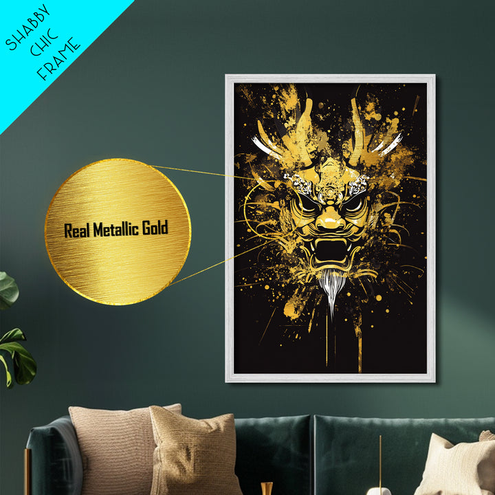 Dragon Mask Metallic Gold Metal Print, Mythical Splatter Art, Asian Inspired Wall Decor, Fierce Dragon Artwork, Real Wood Framed
