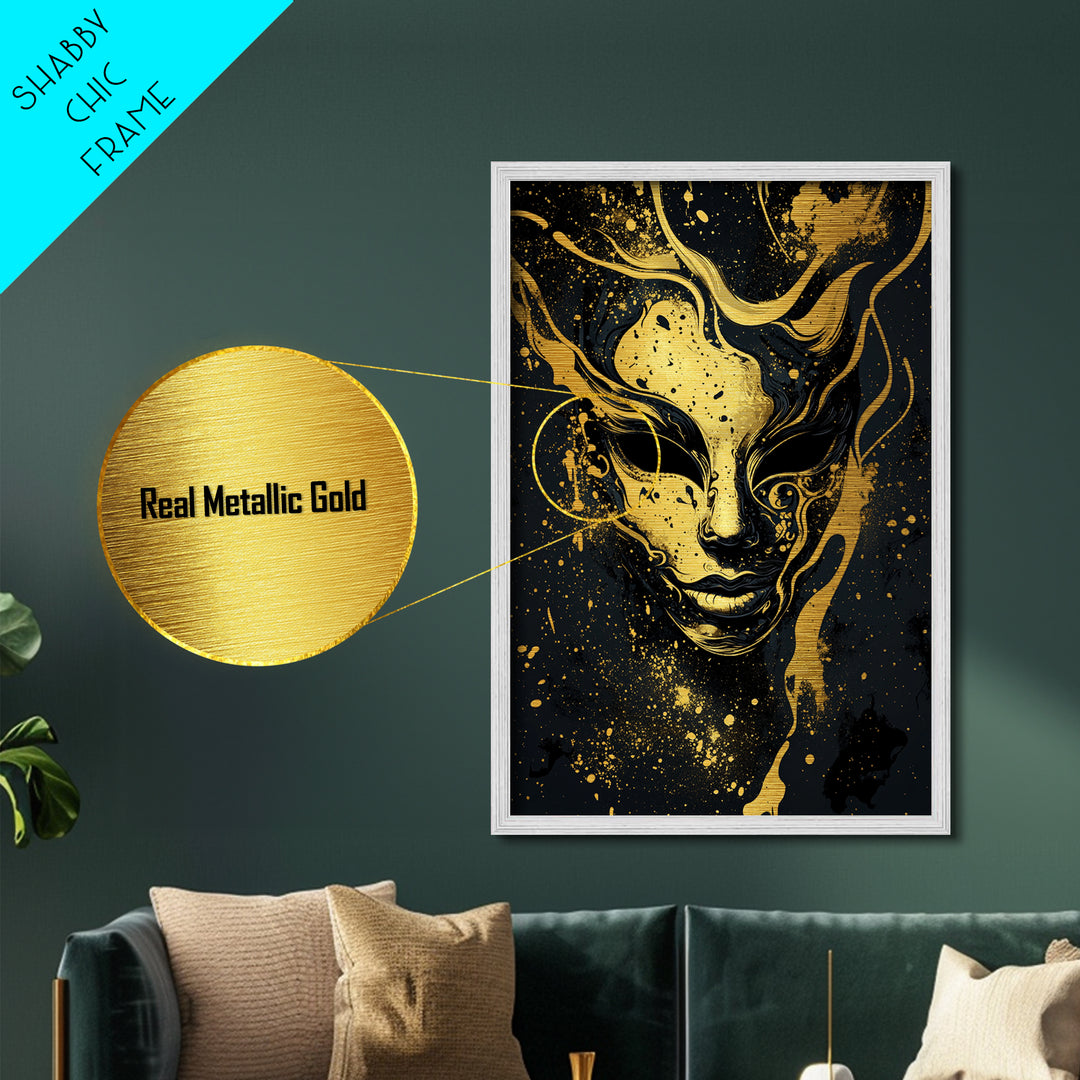 Abstract Face Mask Metallic Gold Metal Print, Surreal Splatter Art, Bold Modern Wall Decor, Unique Artistic Artwork, Real Wood Framed