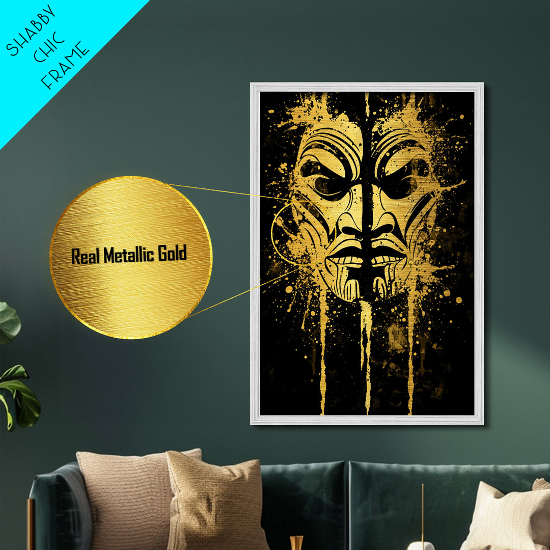 Tribal Warrior Mask Metallic Gold Metal Print, Maori Inspired Art, Ethnic Wall Decor, Real Wood Framed Metallic Gold Artwork