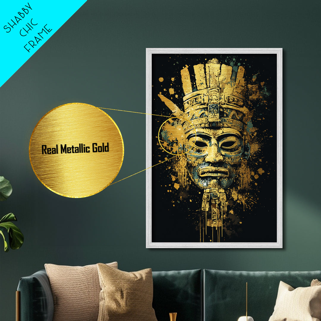 Mayan Inspired Mask Metallic Gold Metal Print, Ancient Civilization Art, Tribal Wall Decor, Real Wood Framed Gold Artwork