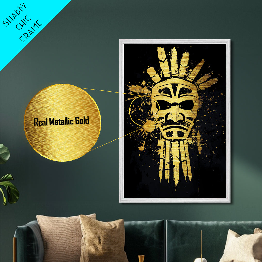 Tribal Sun Mask Metallic Gold Metal Print, Ancestral Wall Art, Sacred Symbol Decor, Real Wood Framed Mystical Gold Artwork