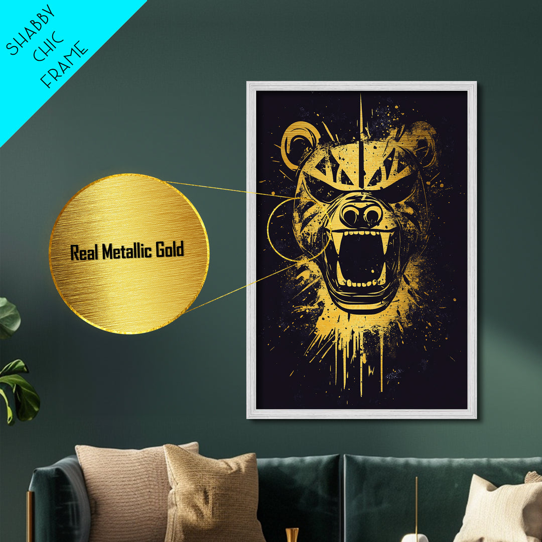 Fierce Bear Metallic Gold Metal Print, Tribal Bear Art, Modern Metal Wall Decor, Real Wood Frame, Bold Animal Artwork