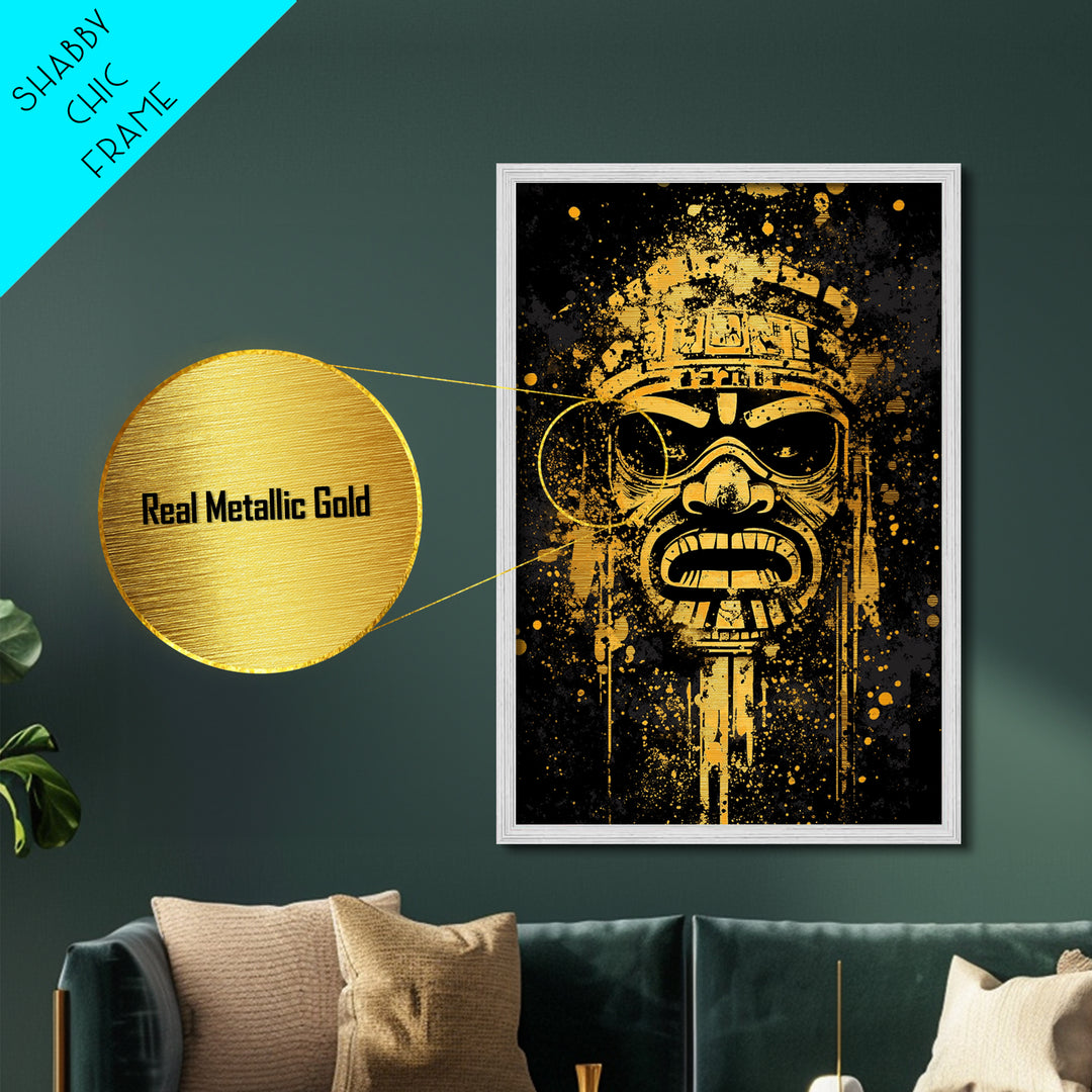 Ancient Tribal Mask Metallic Gold Metal Print, Cultural Art, Bold Splatter Wall Decor, Real Wood Frame, Dramatic Mask Artwork