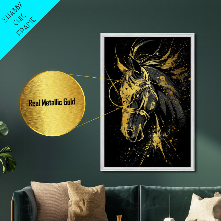 Majestic Horse Metallic Gold Metal Print, Equestrian Wall Art, Splatter Style Decor, Real Wood Frame, Bold Animal Artwork