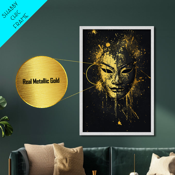 Elegant Tribal Face Metallic Gold Metal Print, Abstract Cultural Mask Art, Modern Wall Decor, Real Wood Frame, Splatter Artwork