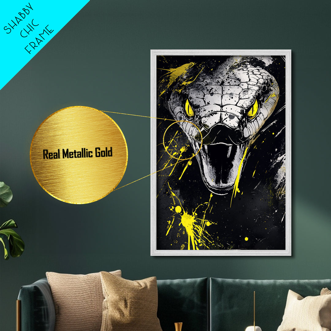 Viper Snake Metallic Gold Metal Print, Venomous Reptile Art, Bold Splatter Wall Decor, Real Wood Frame, Fierce Snake Artwork