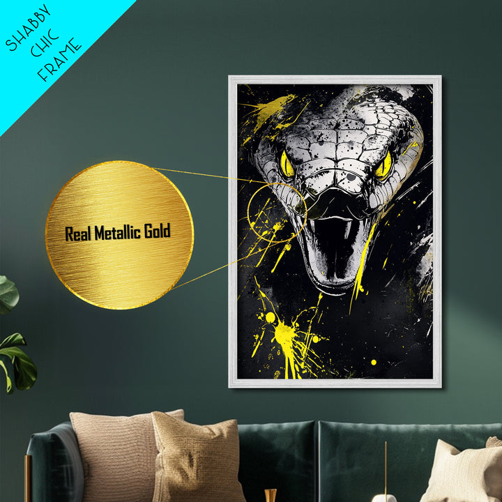 Viper Snake Metallic Gold Metal Print, Venomous Reptile Art, Bold Splatter Wall Decor, Real Wood Frame, Fierce Snake Artwork