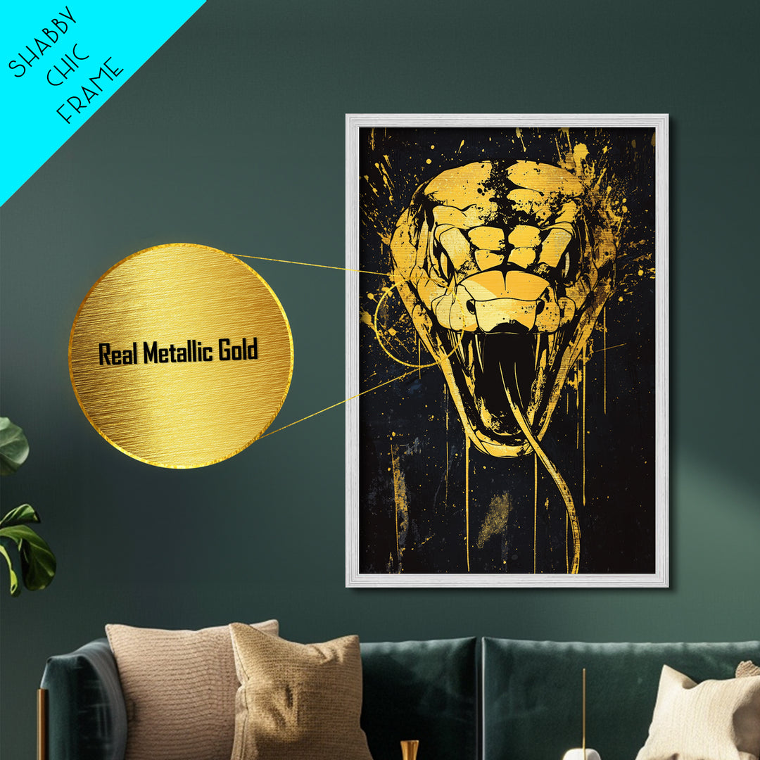 Cobra Head Metallic Gold Metal Print, Fierce Snake Art, Splatter Style Metal Decor, Real Wood Frame, Bold Animal Statement Artwork