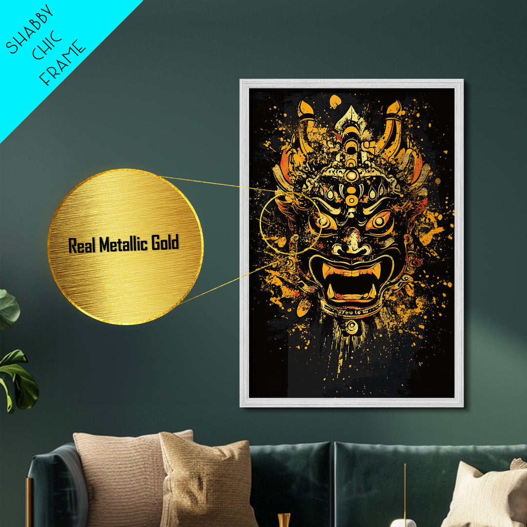 Fierce Demon Mask Artwork,Modern Cultural Wall Decor,Real Wood Frame,Bold Mythical Art,Striking Statement Accent