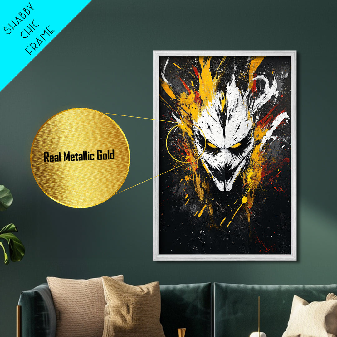 Intense Mask Artwork,Modern Abstract Wall Decor,Real Wood Frame,Bold Fiery Art,Striking Vibrant Statement Piece