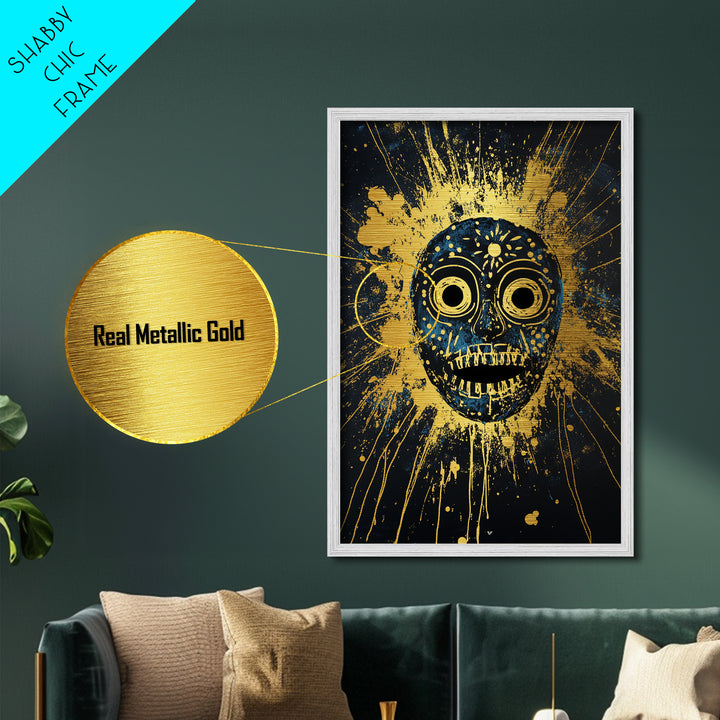 Cosmic Tribal Mask Metallic Gold Metal Print, Unique Wall Art With Real Wood Frame, Ethnic Decor, Bold Splatter Artwork