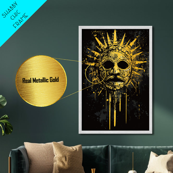 Aztec Sun God Mask Metallic Gold Metal Print, Tribal Wall Art With Real Wood Frame, Ancient Culture Decor, Bold Artwork