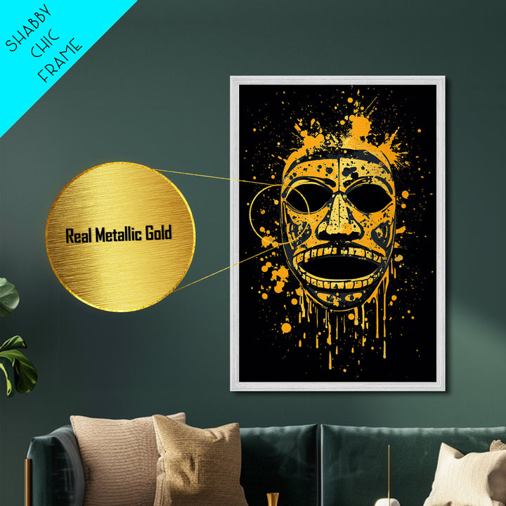 Traditional Tribal Mask Metallic Gold Metal Print, Splatter Style Wall Art With Real Wood Frame, Cultural Decor Accent