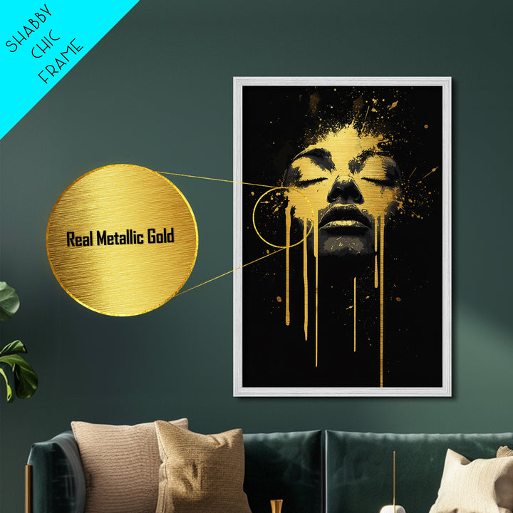 Golden Face Metallic Gold Art, Modern Wall Print With Real Wood Frame, Abstract Portrait, Splatter Style Cultural Decor