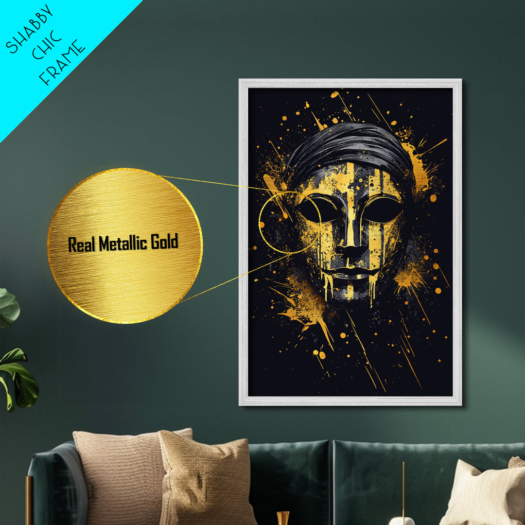 Classic Tribal Mask Metallic Gold Metal Print, Bold Ethnic Wall Art With Real Wood Frame, Splatter Style Cultural Decor