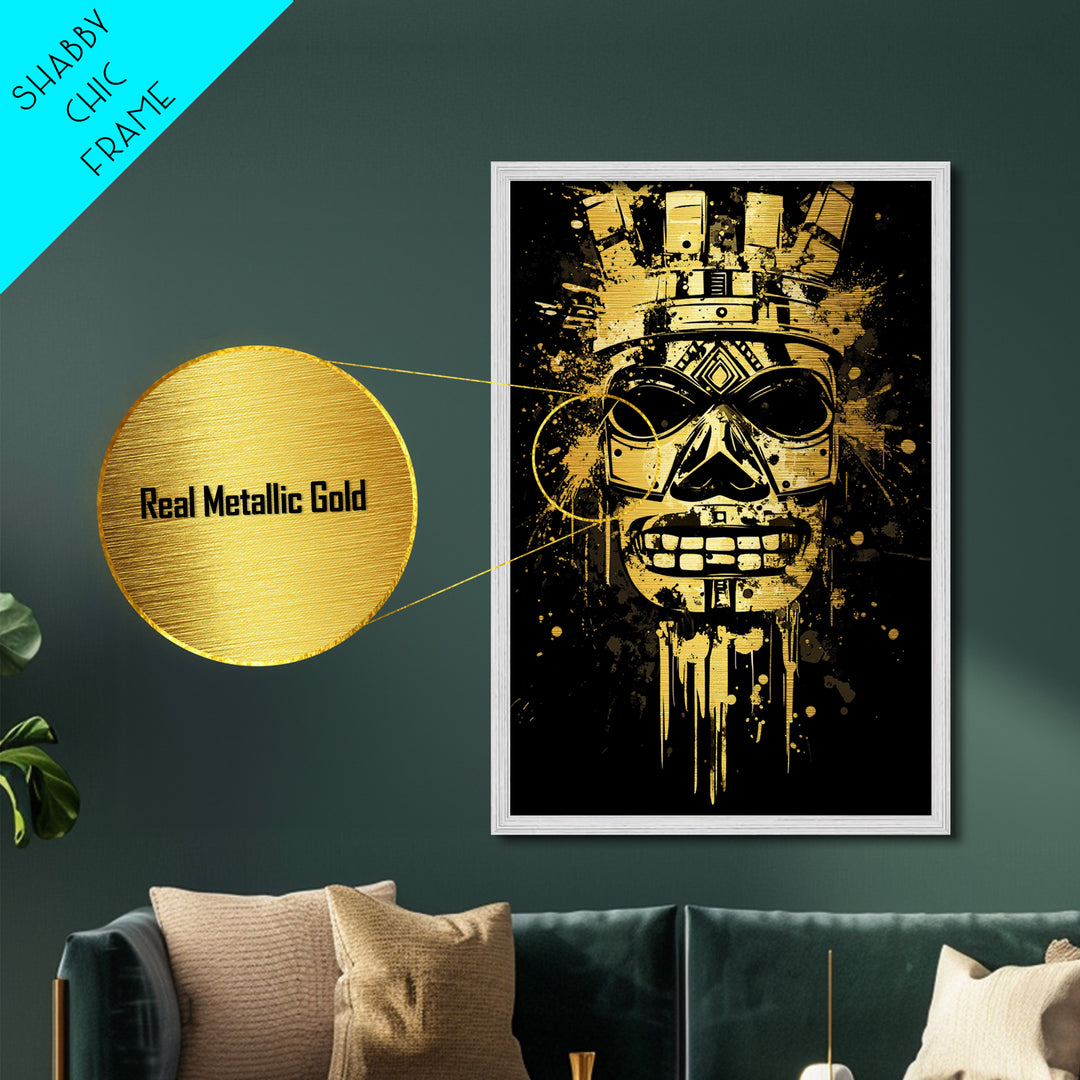 Ancient Warrior Mask Metallic Gold Metal Print, Bold Wall Art With Real Wood Frame, Cultural Splatter Style Home Decor