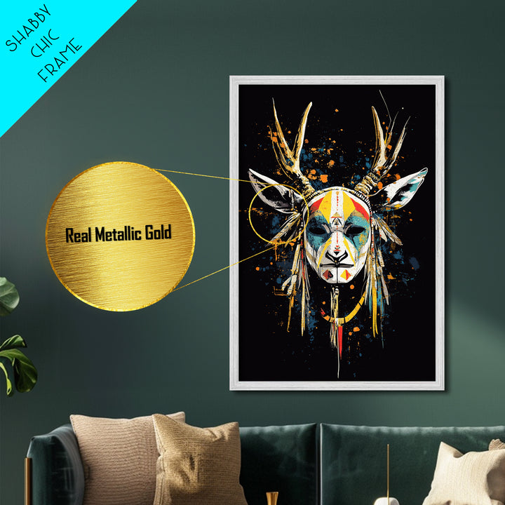 Deer Horn Mask Metallic Gold Metal Print, Tribal Wall Art With Real Wood Frame, Ethnic Splatter Style Bold Wall Accent