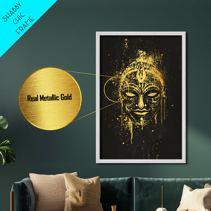 Mystical Goddess Mask Metallic Gold Art, Cultural Wall Print With Real Wood Frame, Splatter Style Decor For Bold Homes
