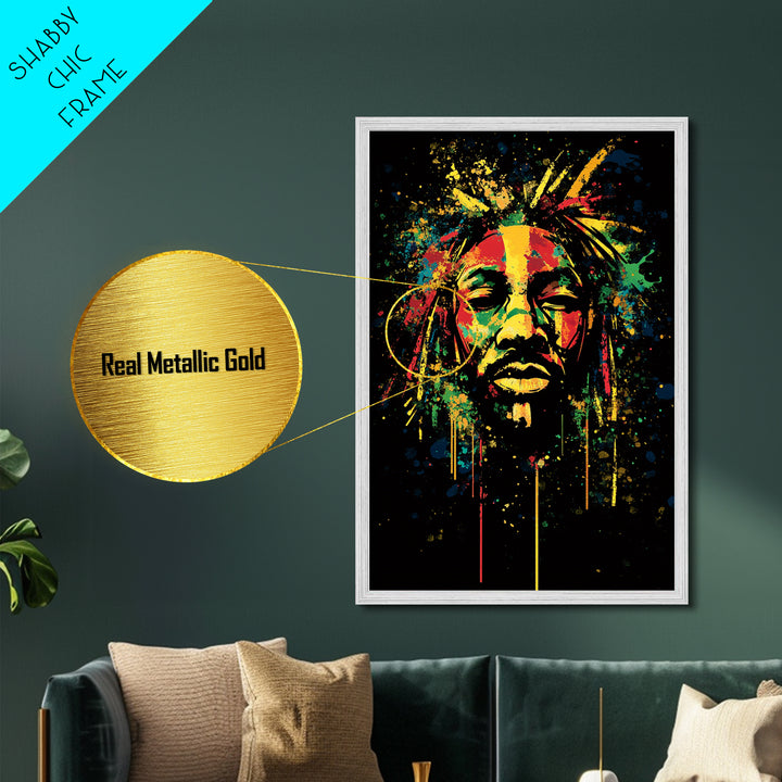 Rastafarian Portrait Metallic Gold Metal Print, Vibrant Cultural Wall Art With Real Wood Frame, Bold Splatter Style Decor