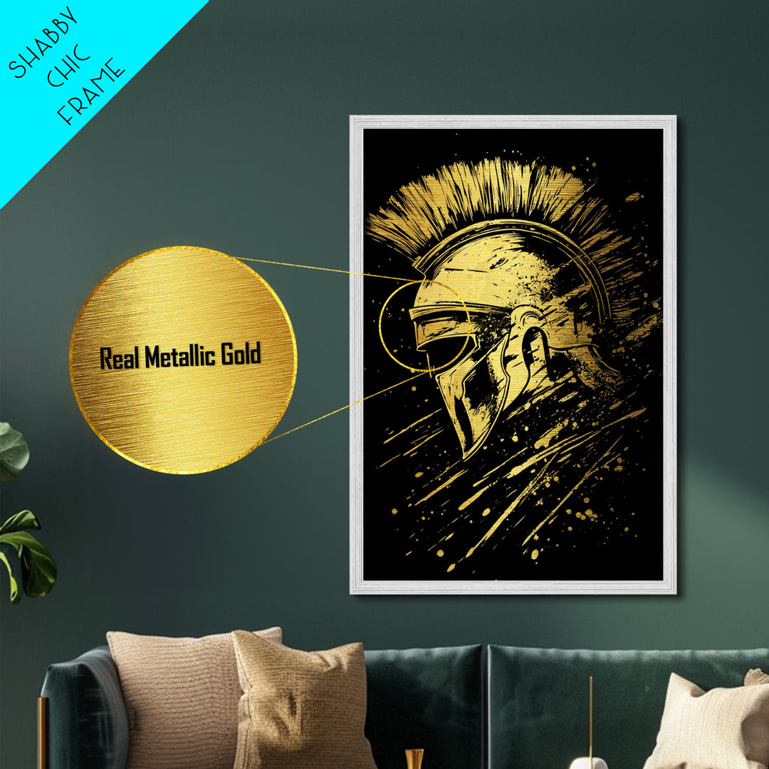 Spartan Warrior Helmet Metallic Gold Metal Print, Ancient Greek Art, Mythology Wall Decor, Real Wood Frame, Bold Statement Piece