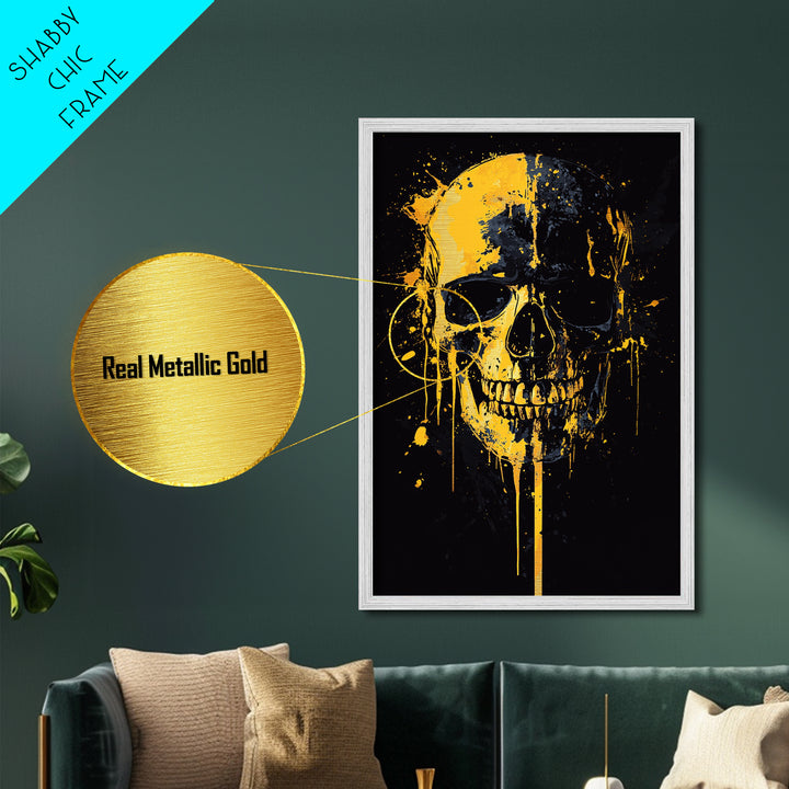 Dripping Skull Metallic Gold Metal Print, Gothic Wall Art, Dark Decor, Edgy Skull Artwork, Real Wood Frame, Modern Statement Piece