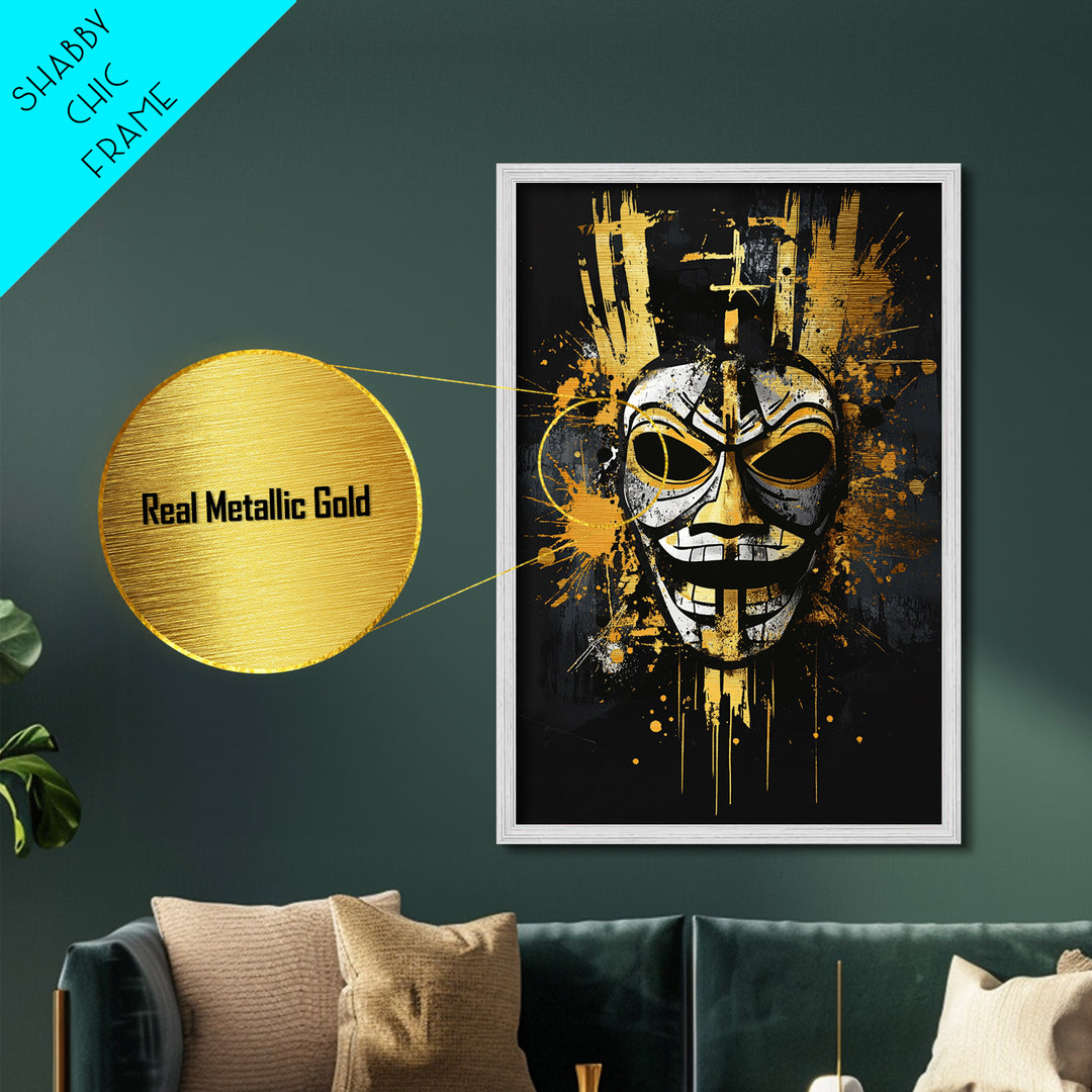 Tribal Warrior Mask Metallic Gold Metal Print, Fierce Mask Art, Bold Wall Decor, Real Wood Frame, Dramatic Splatter Effect Artwork