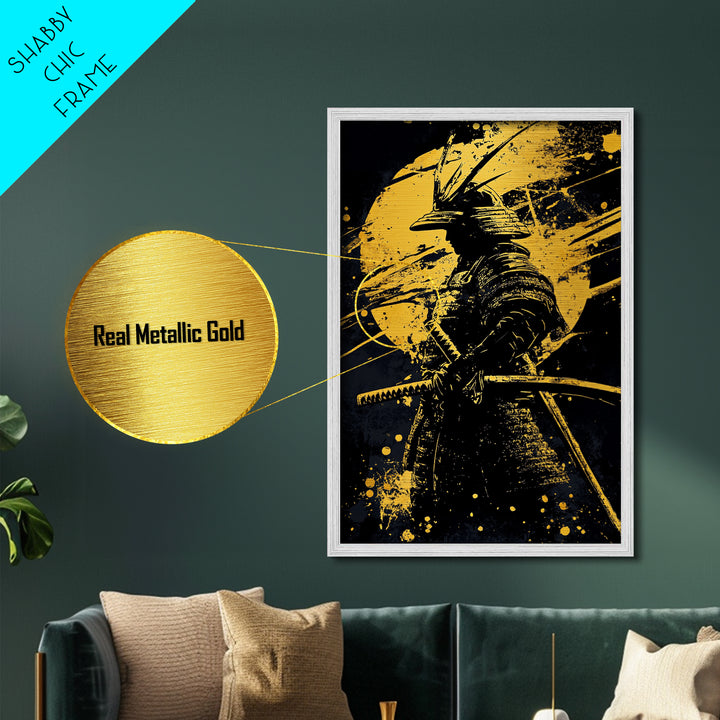 Samurai Warrior Metallic Gold Metal Print, Japanese Art, Martial Wall Decor, Bushido Inspired Artwork, Real Wood Frame, Bold Statement Piece