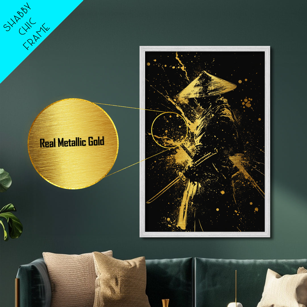 Ronin Samurai Metallic Gold Metal Print, Japanese Warrior Art, Epic Splatter Decor, Real Wood Frame, Fierce Bushido Inspired Wall Artwork