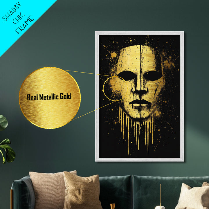 Ancient Warrior Mask Metallic Gold Metal Print, Bold Tribal Decor, Striking Wall Art, Real Wood Frame, Splatter Effect Modern Artwork