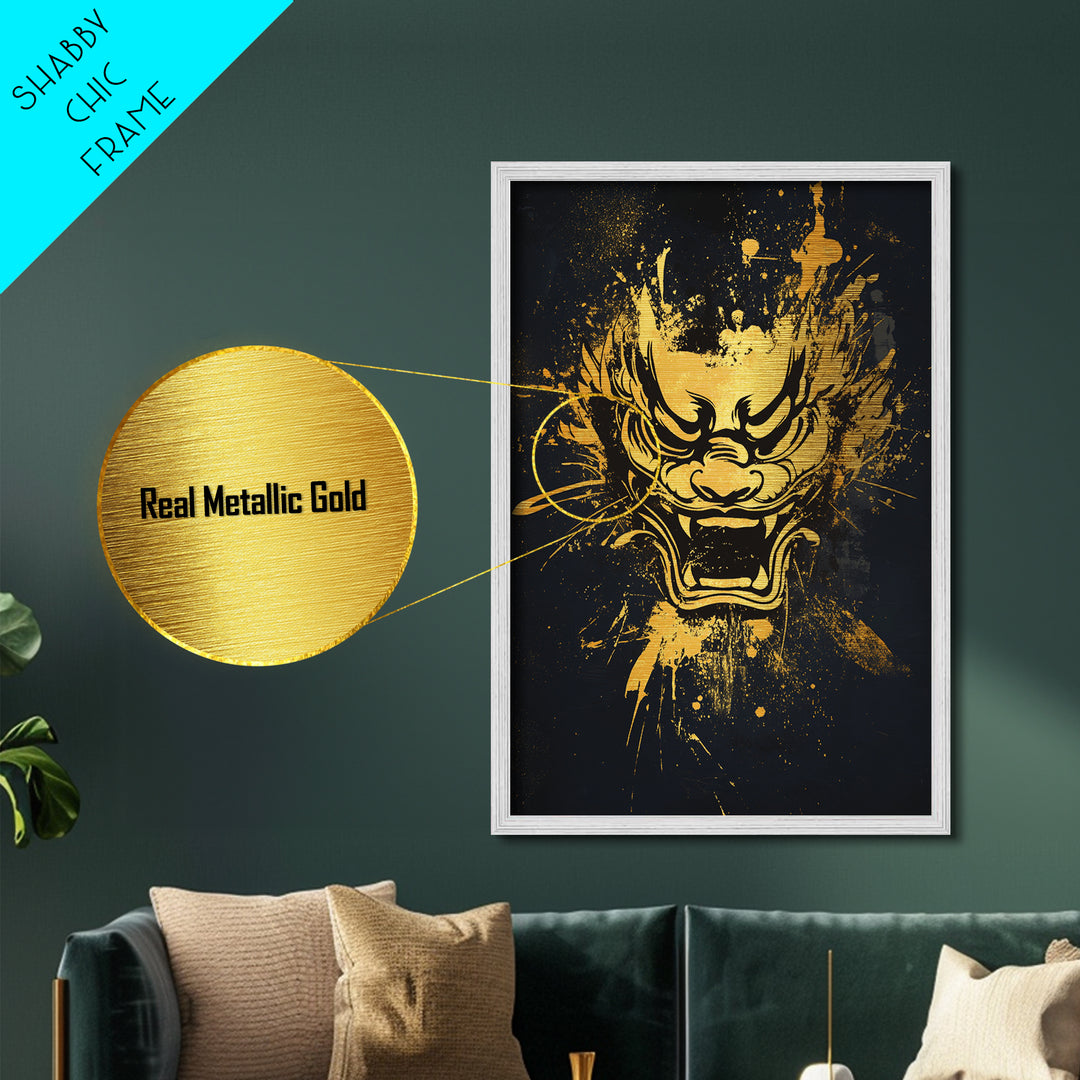 Mythical Dragon Face Metallic Gold Metal Print, Asian Inspired Art, Fierce Wall Decor, Real Wood Frame, Splatter Style Statement Artwork