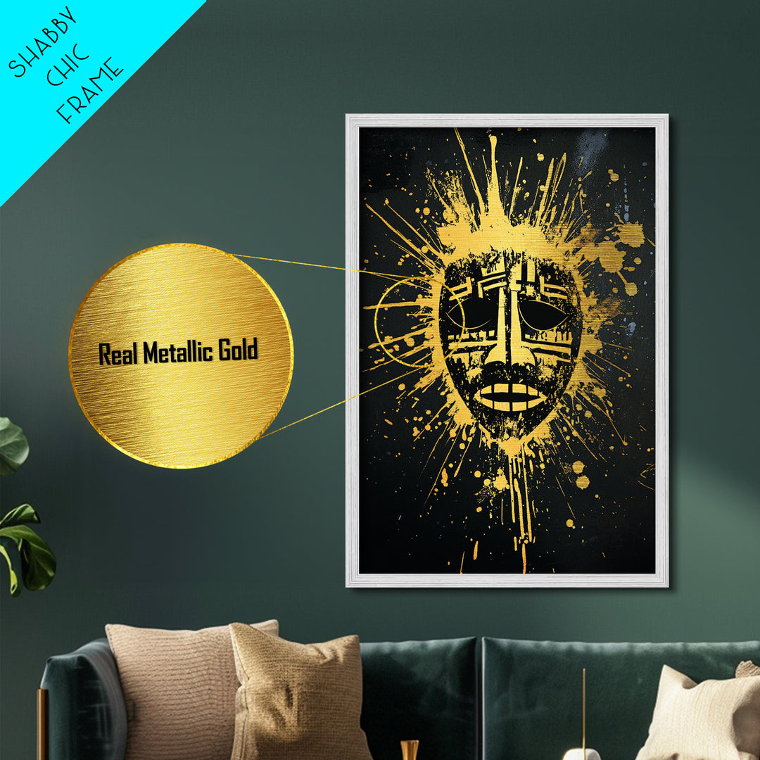 Tribal Mask Metallic Gold Metal Print, Ethnic Wall Art, Real Wood Frame, Splatter Abstract Face Decor, Modern Tribal Home Accent