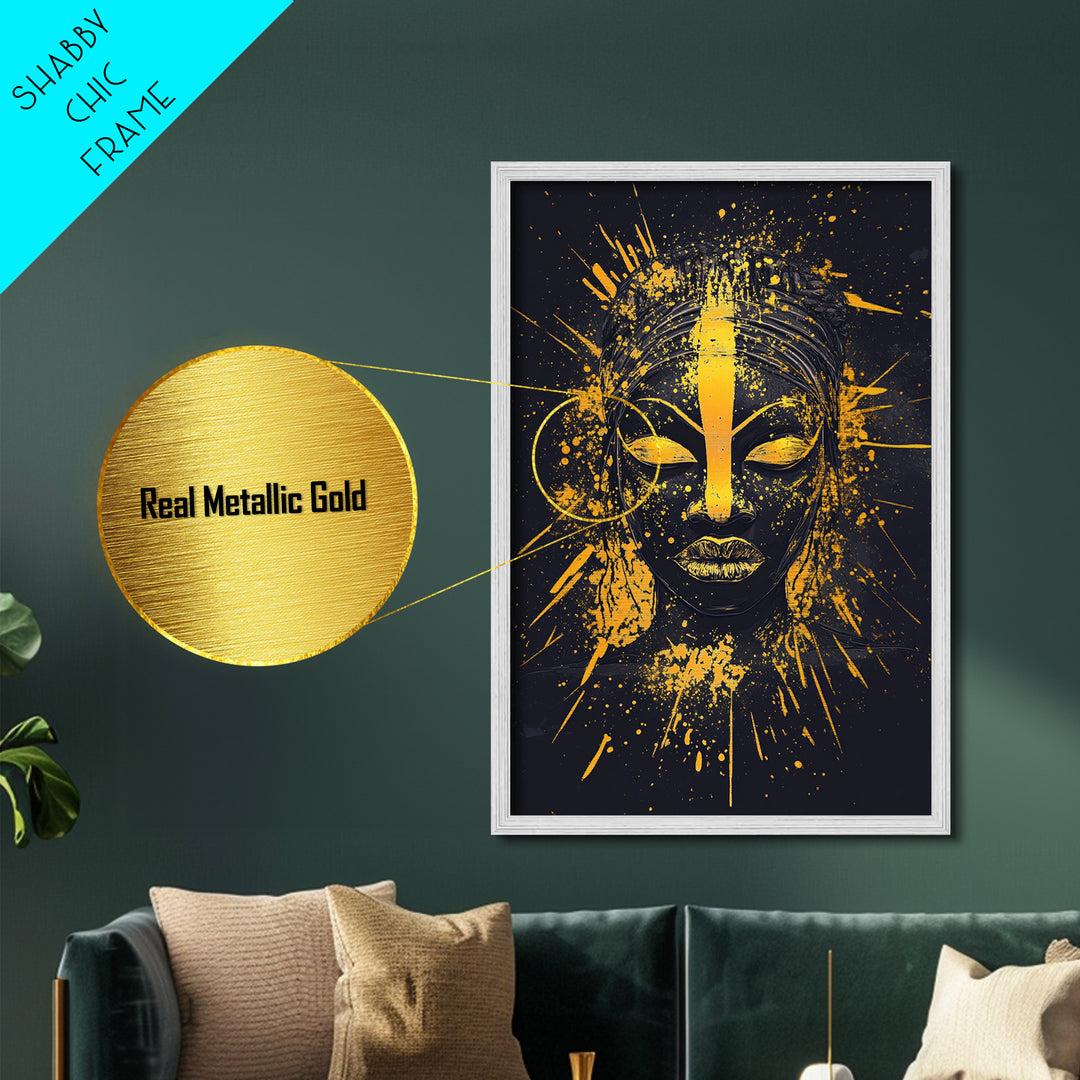 African Goddess Metallic Gold Metal Print, Ethnic Wall Art, Real Wood Frame, Splatter Portrait Art, Bold Tribal Modern Decor