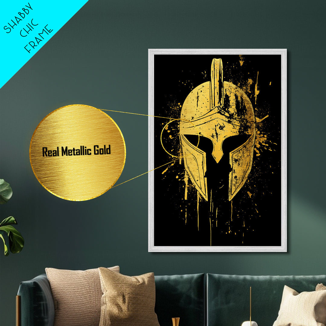 Spartan Helmet Metallic Gold Metal Print, Warrior Wall Art, Real Wood Frame, Bold Historic Decor, Ancient Greek Inspired Artwork