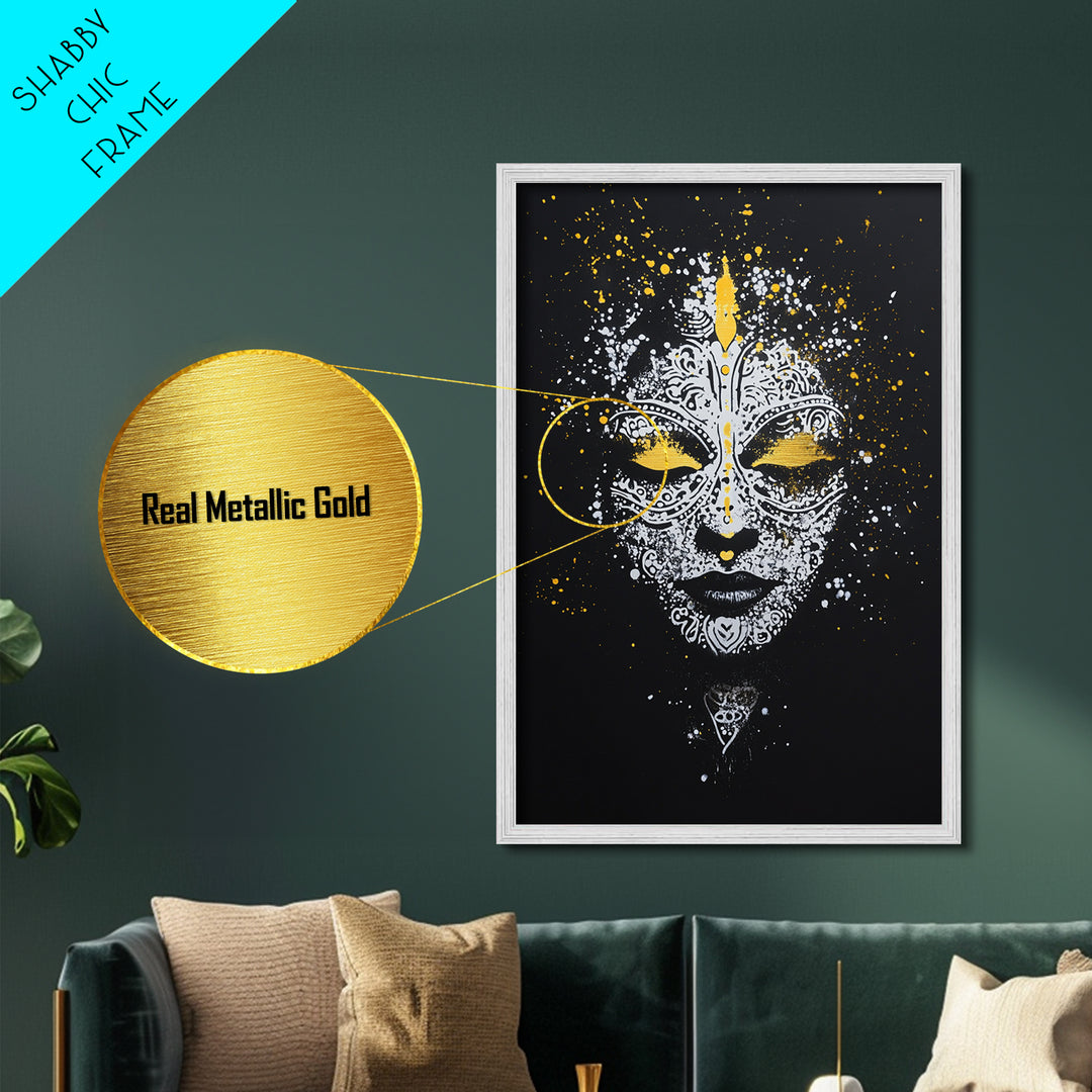 Demon Mask Metallic Gold Metal Print, Tribal Wall Art, Real Wood Frame, Mythical Splatter Art, Cultural Home Decor Accent