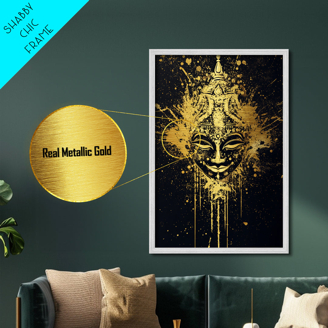 Decorative Mask Metallic Gold Metal Print, Tribal Wall Art, Real Wood Frame, Splatter Abstract Portrait, Ethnic Cultural Accent