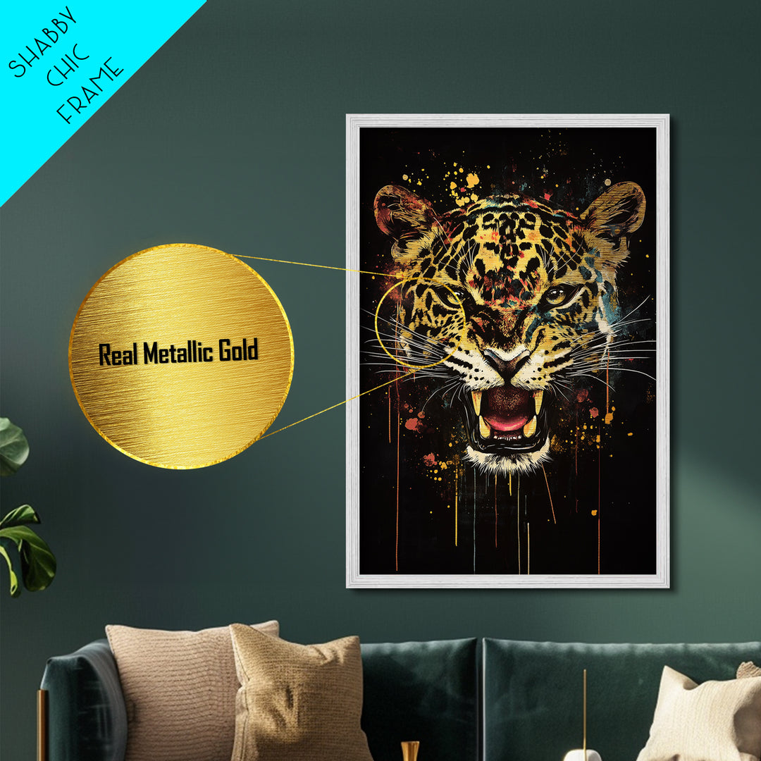 Jaguar Roar Metallic Gold Metal Print, Animal Wall Art, Real Wood Frame, Bold Wildlife Decor, Tribal Inspired Big Cat Home Accent