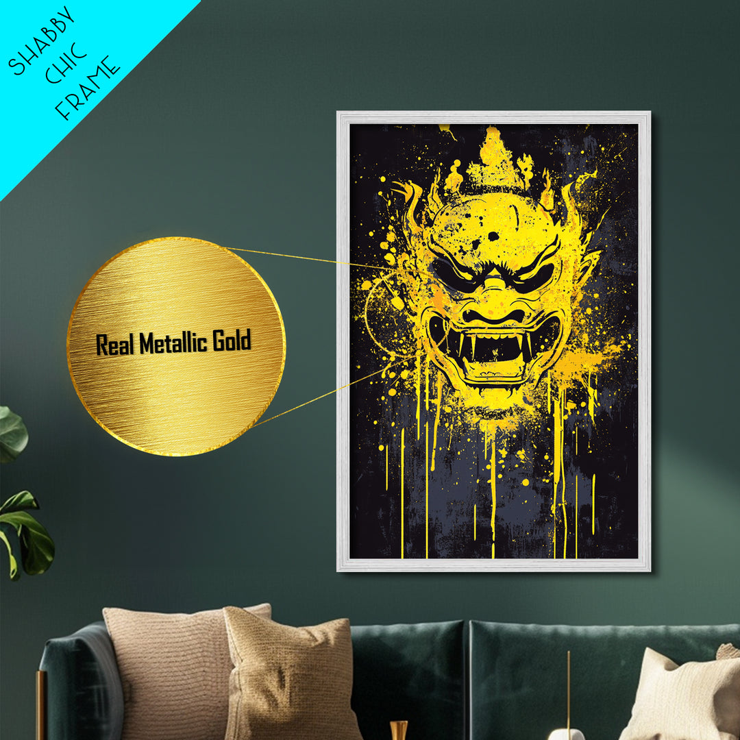 Sacred Mask Splatter Art, Metallic Gold Metal Print, Ethnic Spiritual Wall Decor, Real Wood Frame, Mystical Warrior Artwork