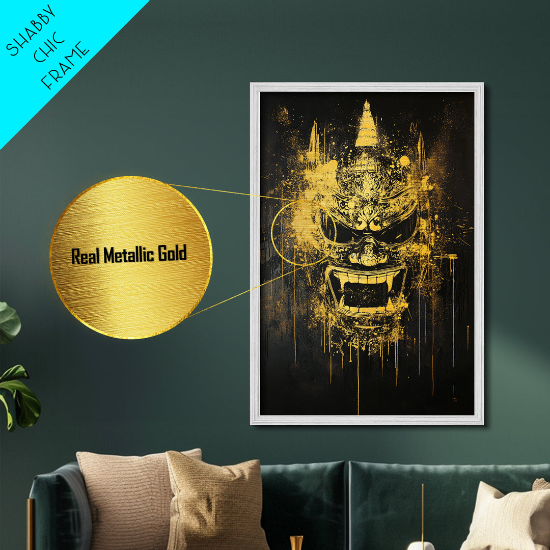Ornate Splatter Face Mask, Metallic Gold Metal Print, Abstract Cultural Wall Art, Real Wood Frame, Detailed Tribal Artwork