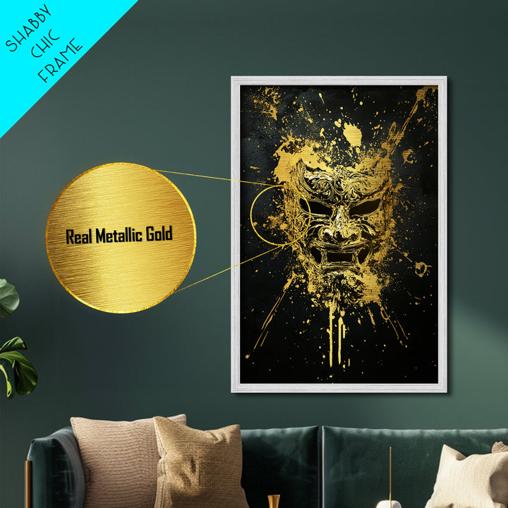 Fierce Demon Mask Metallic Gold Metal Print, Splatter Art Wall Decor, Mythical Wall Art, Real Wood Frame, Tribal Home Accent