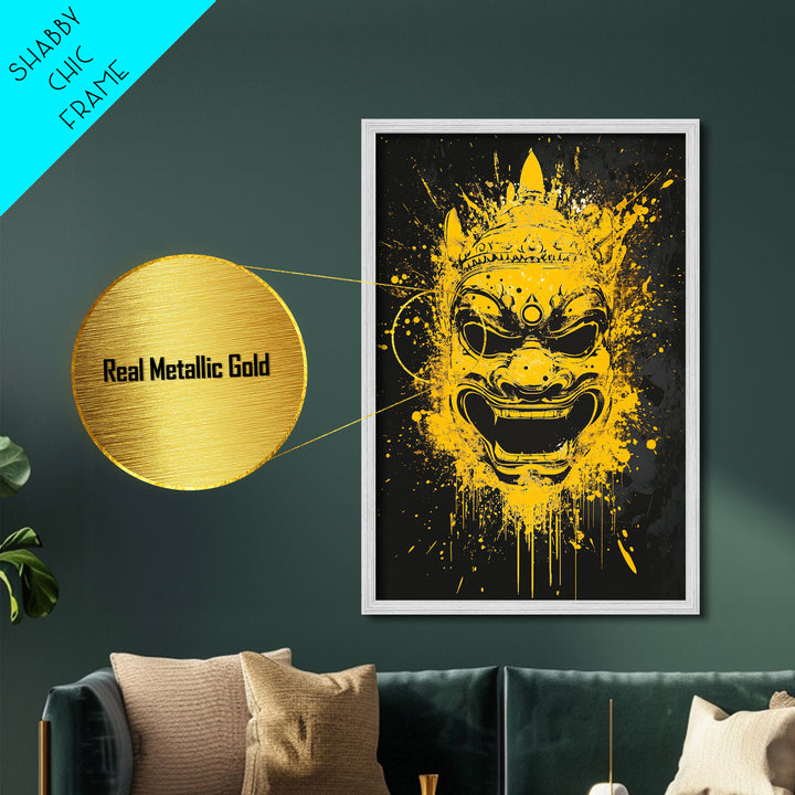 Ancient Warrior Mask Metallic Gold Metal Print, Splatter Style Wall Decor, Bold Wall Art, Real Wood Frame, Mythical Home Accent