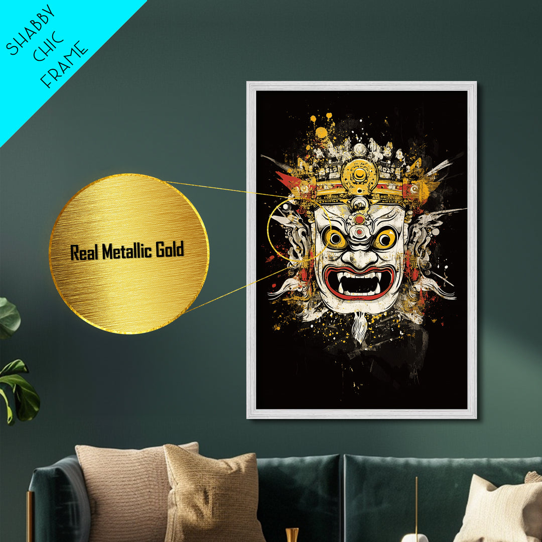 Balinese Mask Metallic Gold Metal Print, Splatter Art Wall Decor, Mythical Cultural Wall Art, Real Wood Frame, Tribal Home Accent