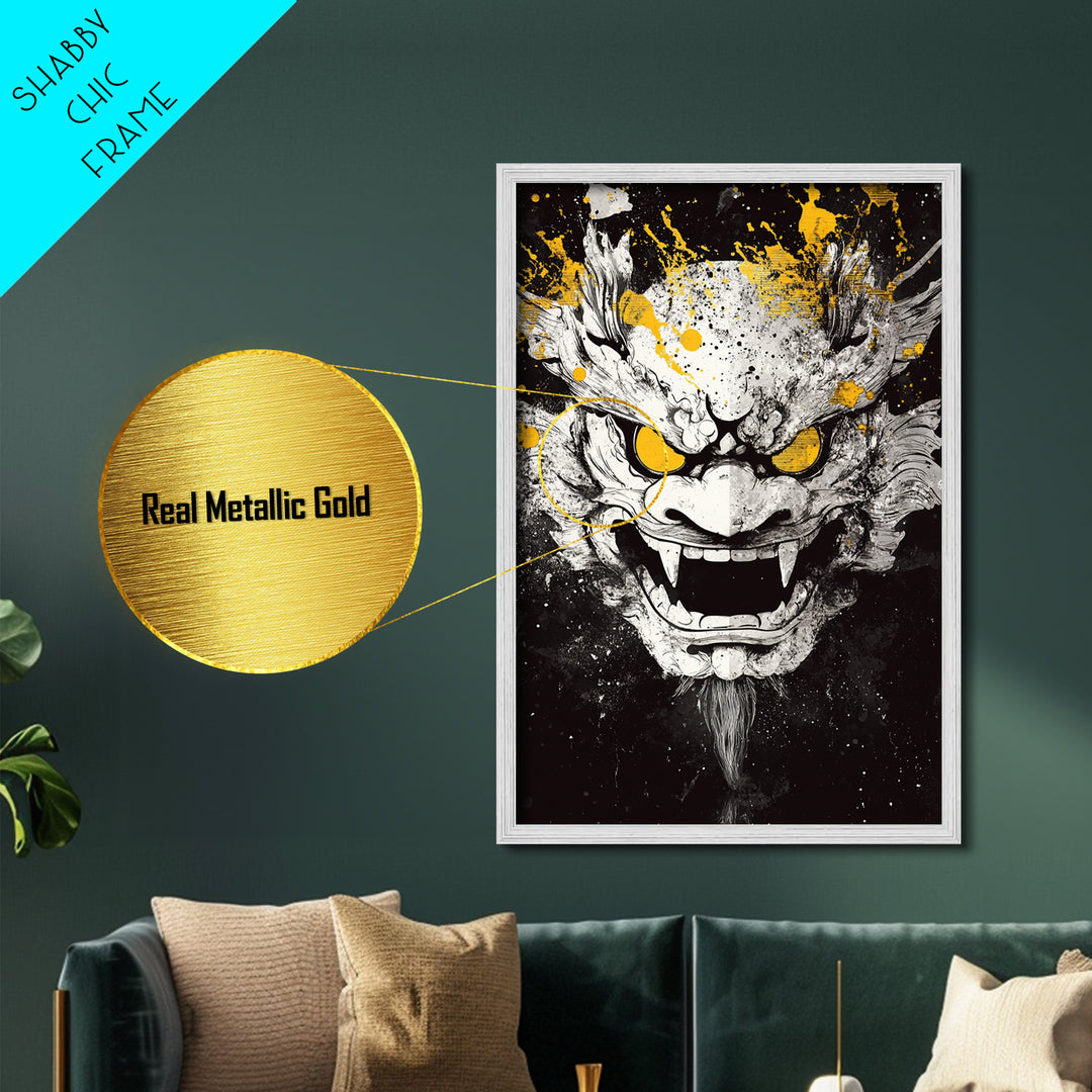 Dragon Demon Face Metallic Gold Metal Print, Splatter Style Wall Decor, Fierce Mythical Mask Art, Real Wood Frame, Tribal Home Accent