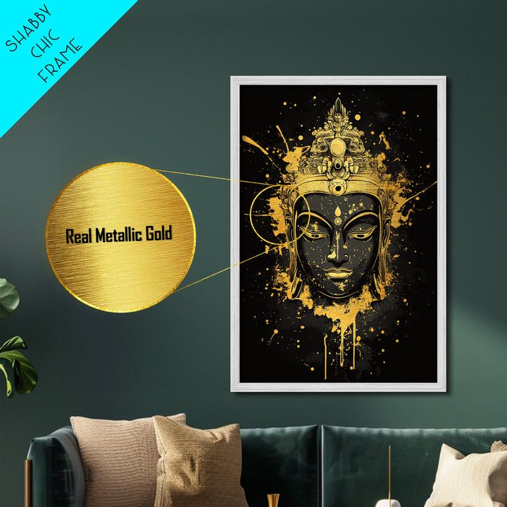 Buddha Head Metallic Gold Metal Print, Sacred Splatter Style Wall Decor, Spiritual Wall Art, Real Wood Frame, Tranquil Home Accent